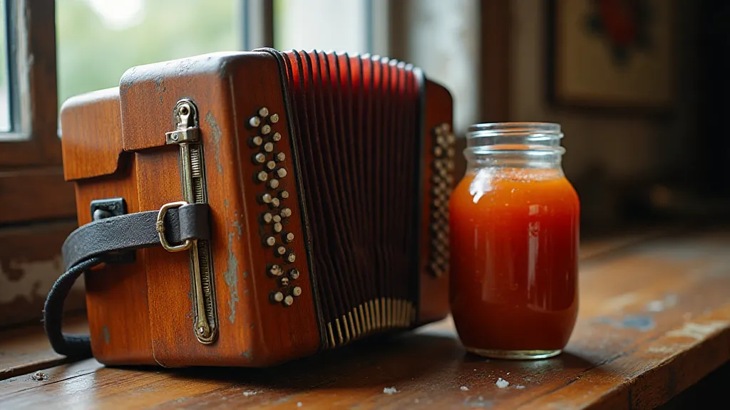 Accordion and jar of tomato sauce
