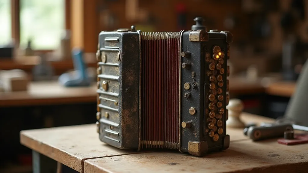 Antique accordion on a workbench