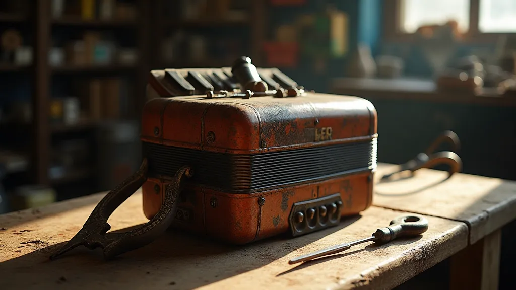 Antique accordion on a workshop bench