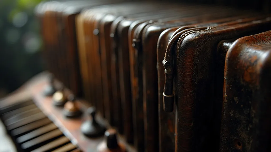 Close-up of an antique accordion showing its inner workings.