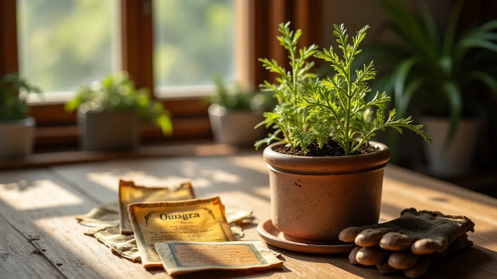 Antique seed packets and tomato seedlings