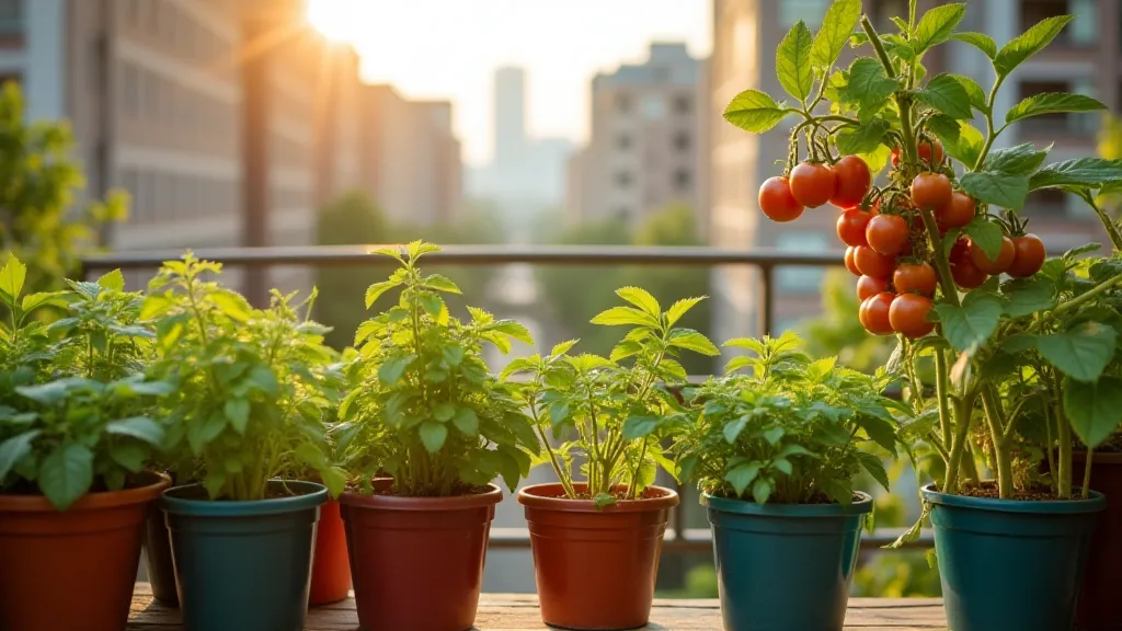 Heirloom tomatoes growing in containers on a balcony