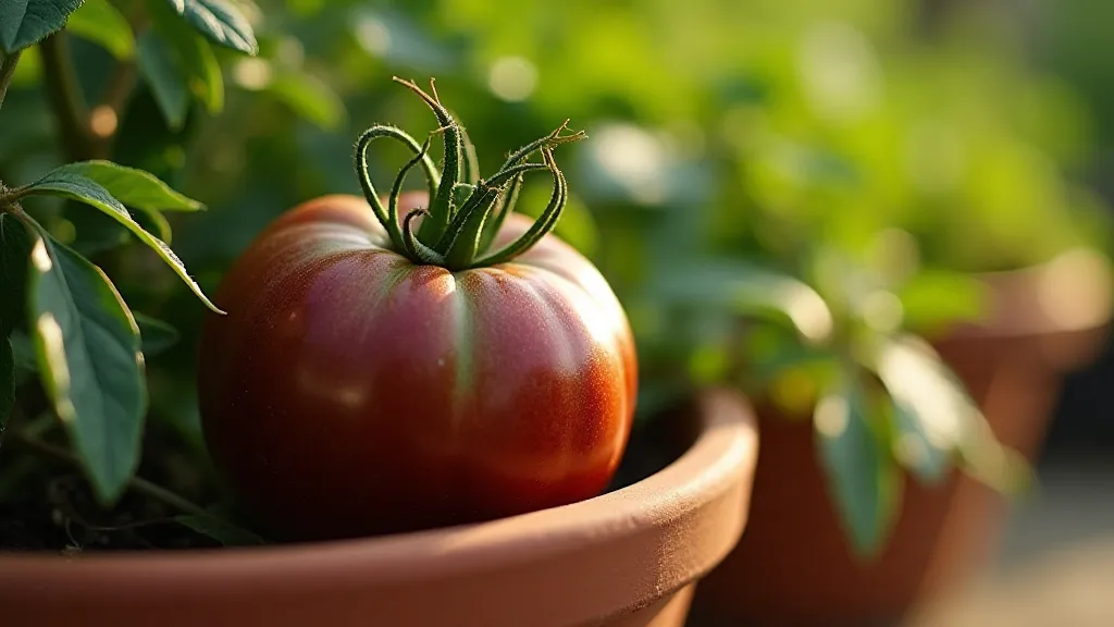 Ripe Cherokee Purple tomato in a container