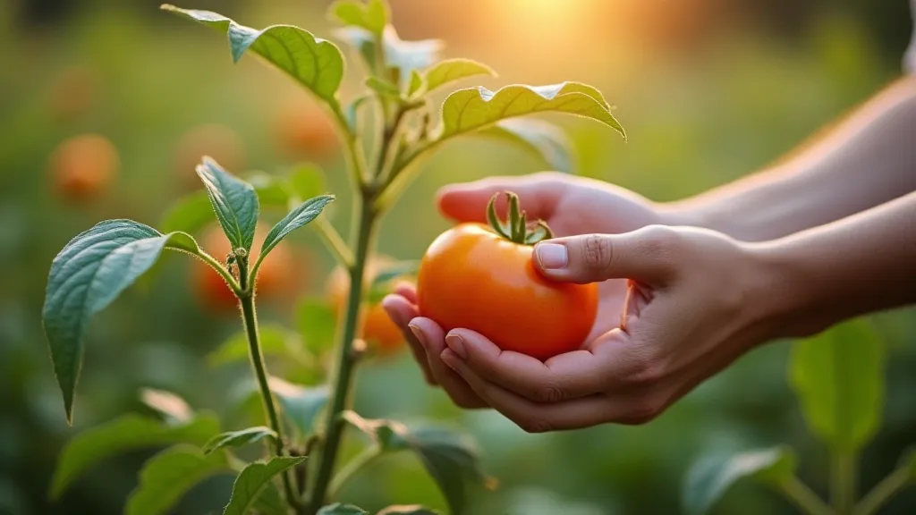 Gardener inspecting tomato plant