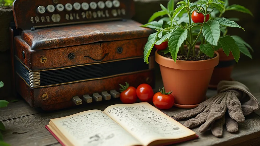 Still life of gardening tools and heirloom tomatoes