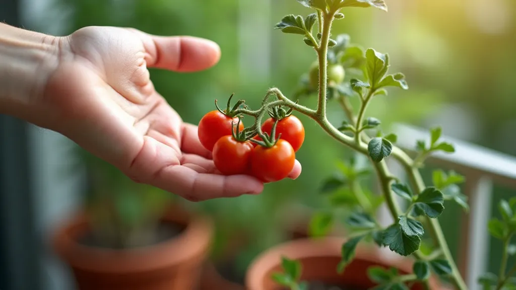 Hand gently vibrating a cluster of tomato flowers.