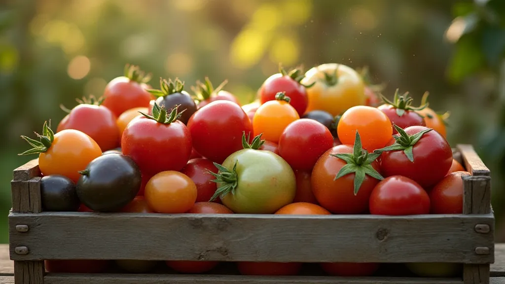 Heirloom tomatoes in a wooden crate