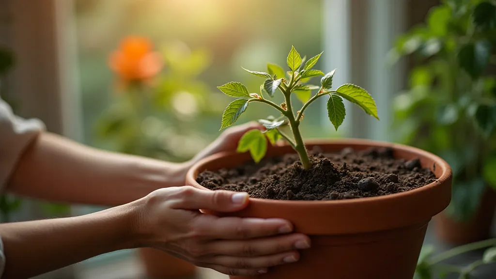 Hands holding a tomato plant