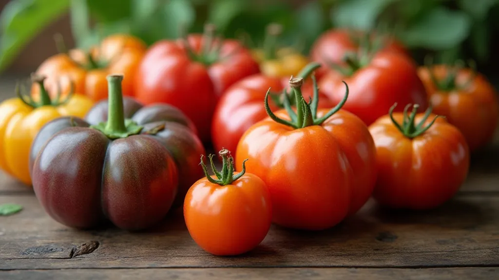 Variety of heirloom tomatoes on a table