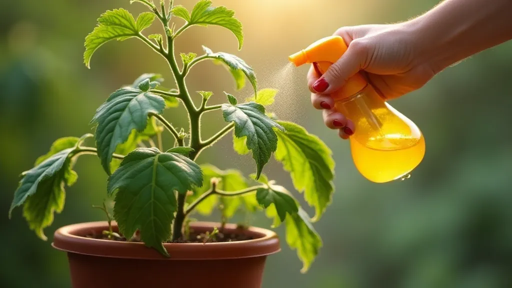 Spraying tomato plant with neem oil