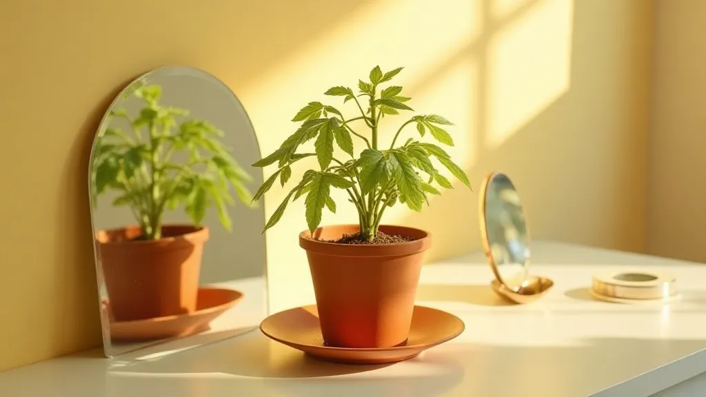 Tomato plant near a reflective wall