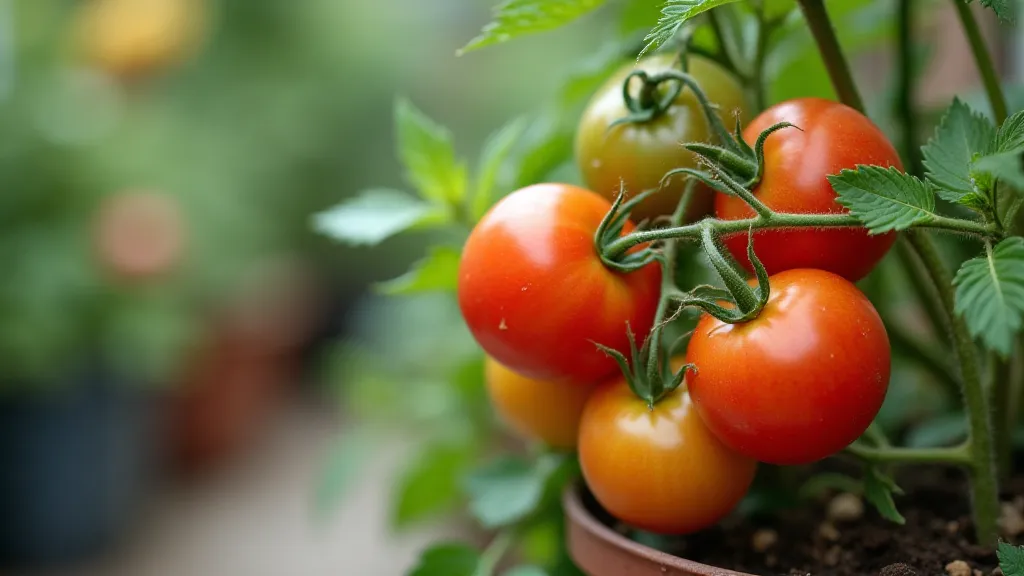 Ripe heirloom tomatoes on a vine in a container