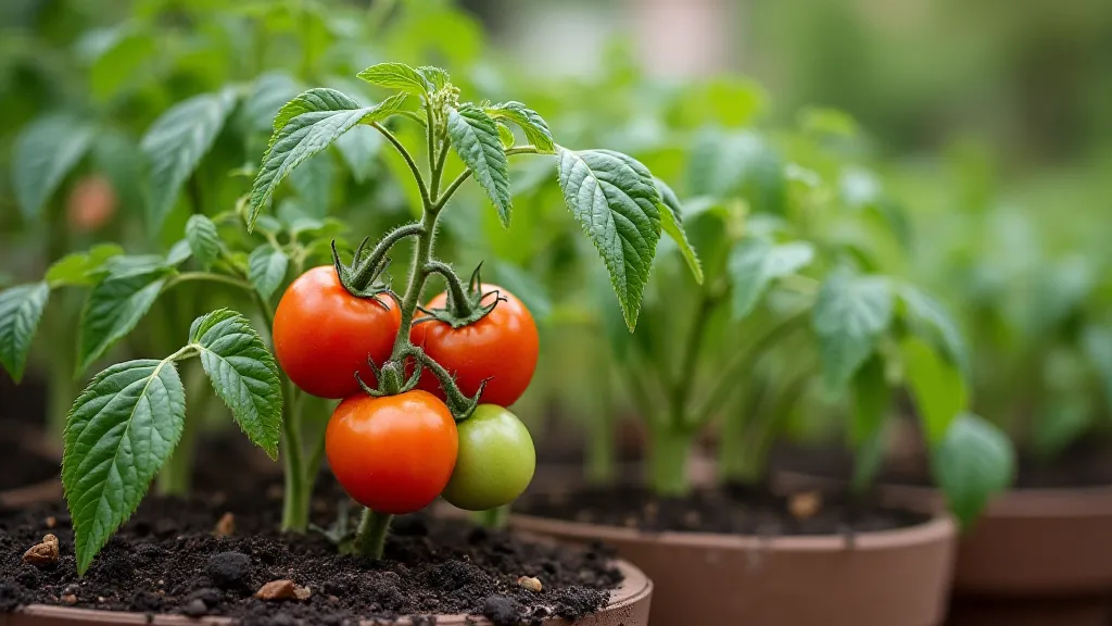 Thriving tomato plant in a container