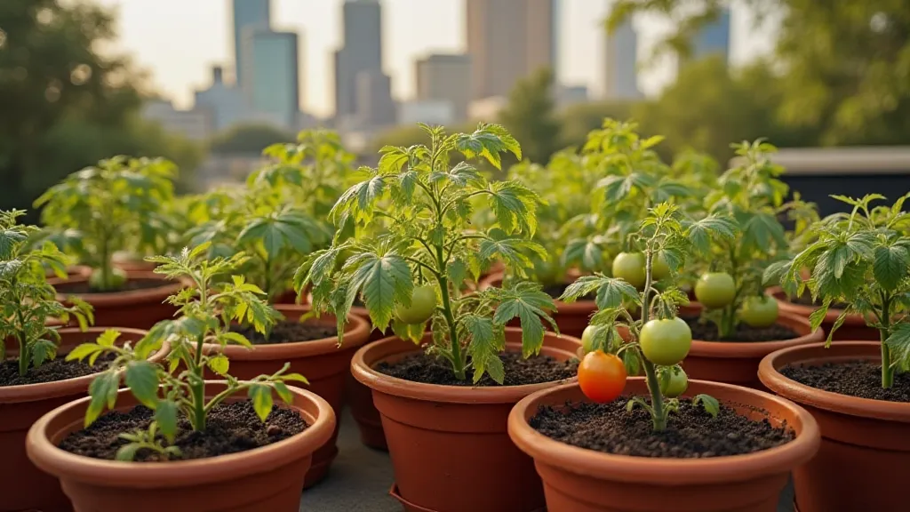Heirloom tomato plants in containers on a balcony