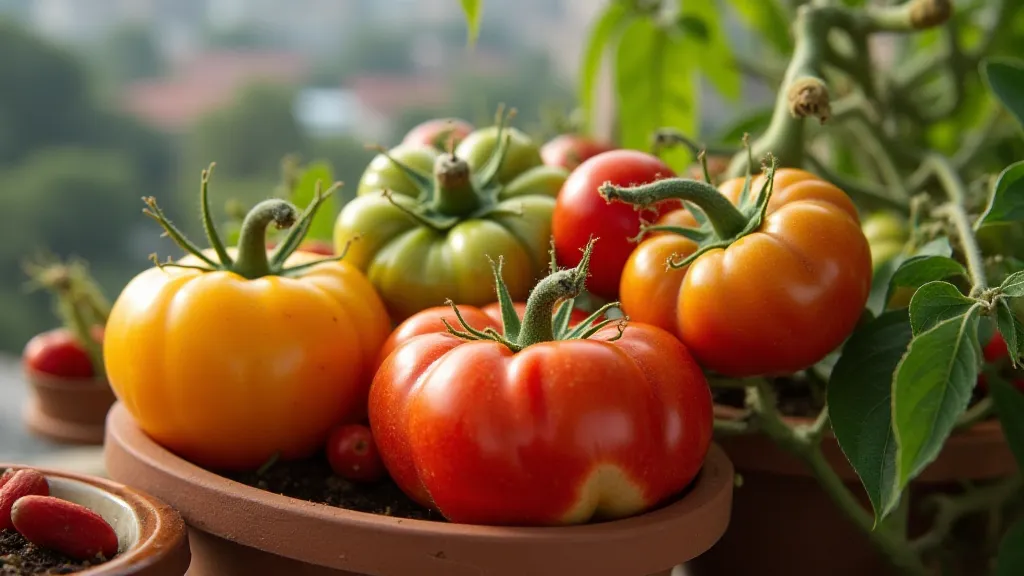 Heirloom tomatoes ripening in pots