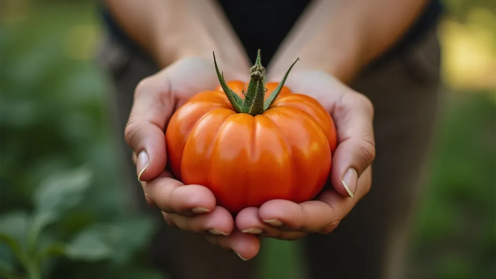 Hand holding a ripe heirloom tomato